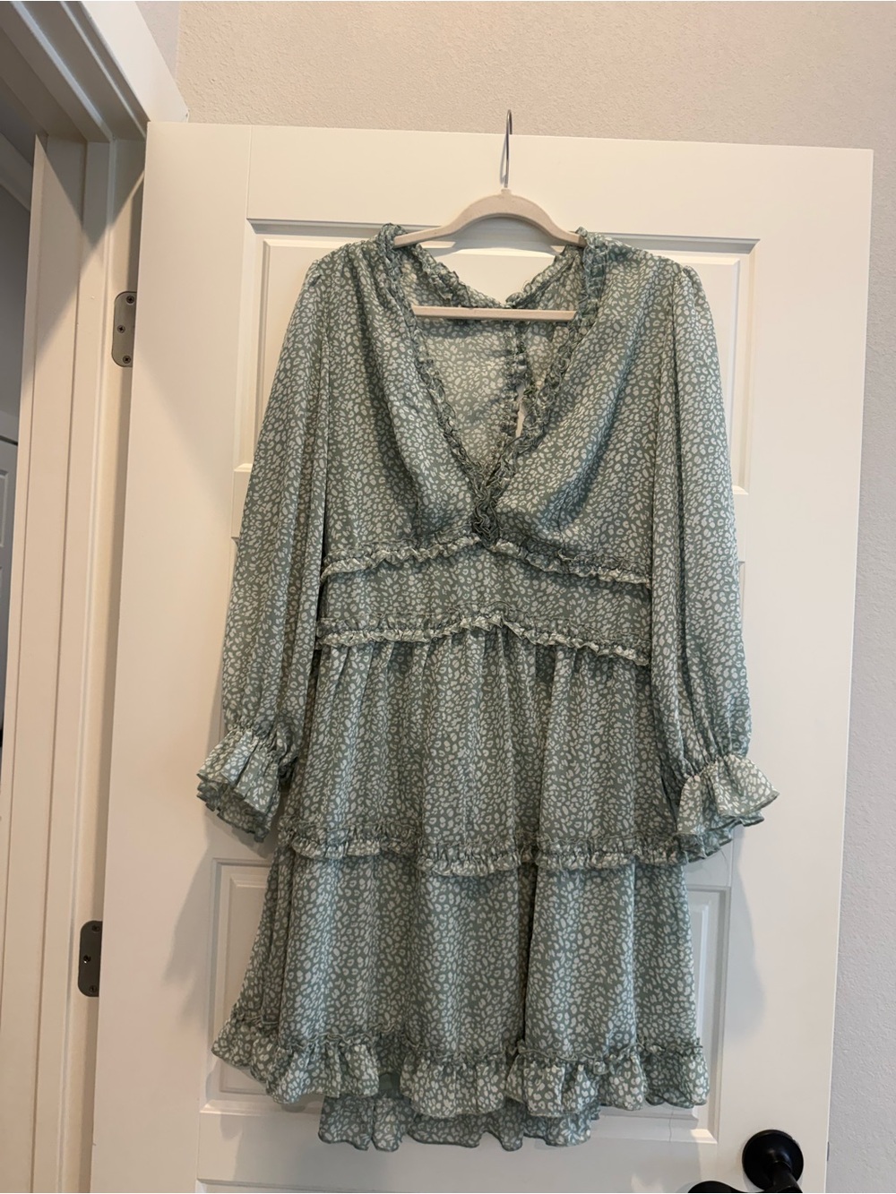 Tiered Ruffle V-Neck Women's Dress in Sage Green